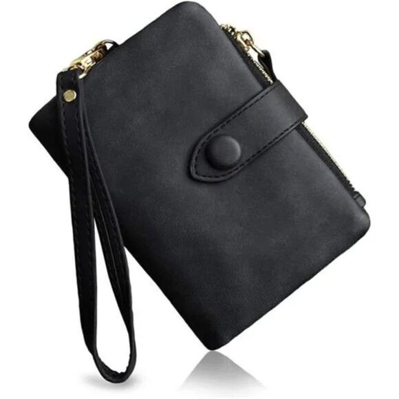 NEW Womens Small Bifold Leather Wallets Rfid Ladies Wristlet Black - Picture 1 of 7